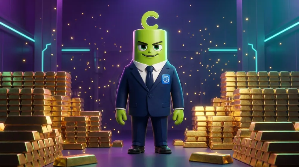 Call mascot standing in a dim vault stacked with glinting gold bars