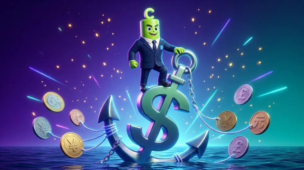 A giant US dollar anchor with world currencies tethered to it by ropes