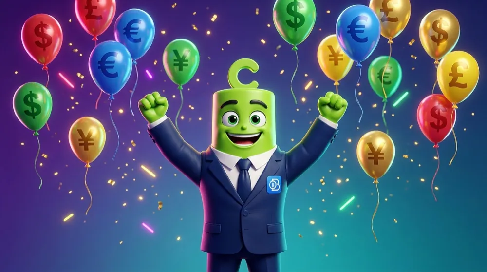 Call mascot cheering as currency balloons float free after their tethers are cut