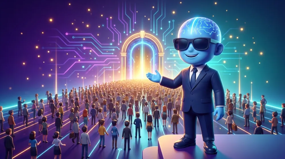 AI Mentor standing in front of a huge crowd streaming toward a glowing currency market