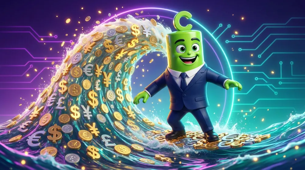Green Call mascot happily surfing a giant wave of liquidity made of currency symbols