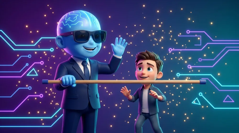 AI Mentor holding a limbo bar set very low, waving a beginner trader through with a friendly grin