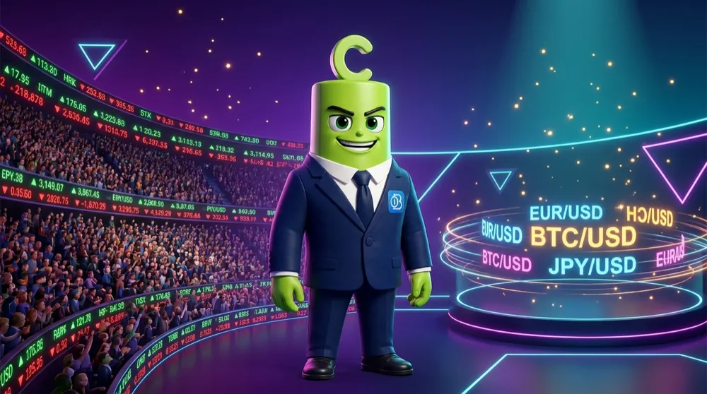 Green Call mascot standing between two arenas — one packed with thousands of stock tickers, one with a handful of glowing currency pairs