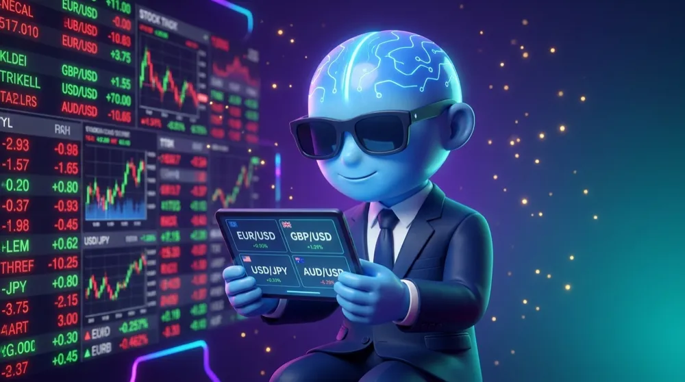 AI Mentor calmly studying a small group of four currency pairs on a clean screen, ignoring a chaotic wall of stock tickers behind