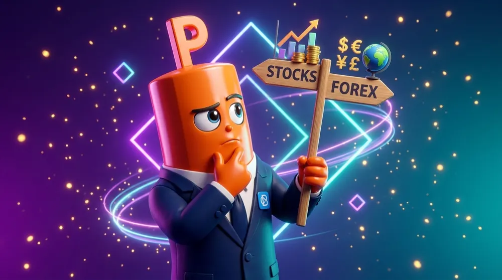 Orange Put mascot thoughtfully weighing two paths on a signpost — one labeled Stocks, one labeled Forex