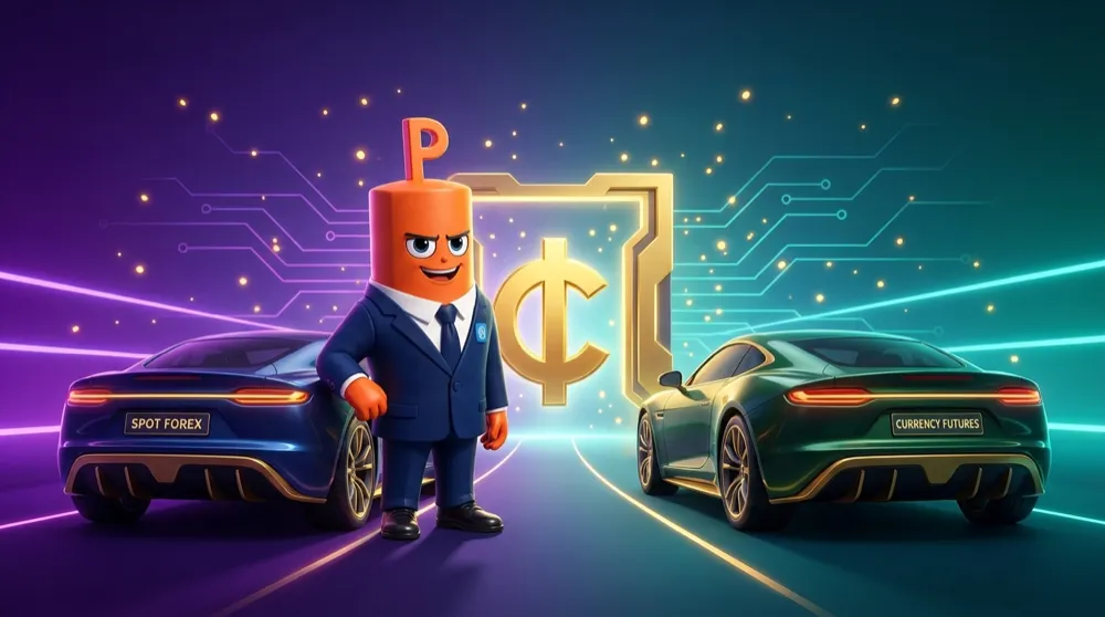 Orange Put mascot standing between two cars badged Spot Forex and Currency Futures, both pointed at the same currency destination