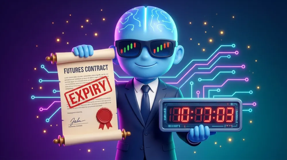 AI Mentor holding a futures contract stamped with a big red expiry date and a ticking countdown clock
