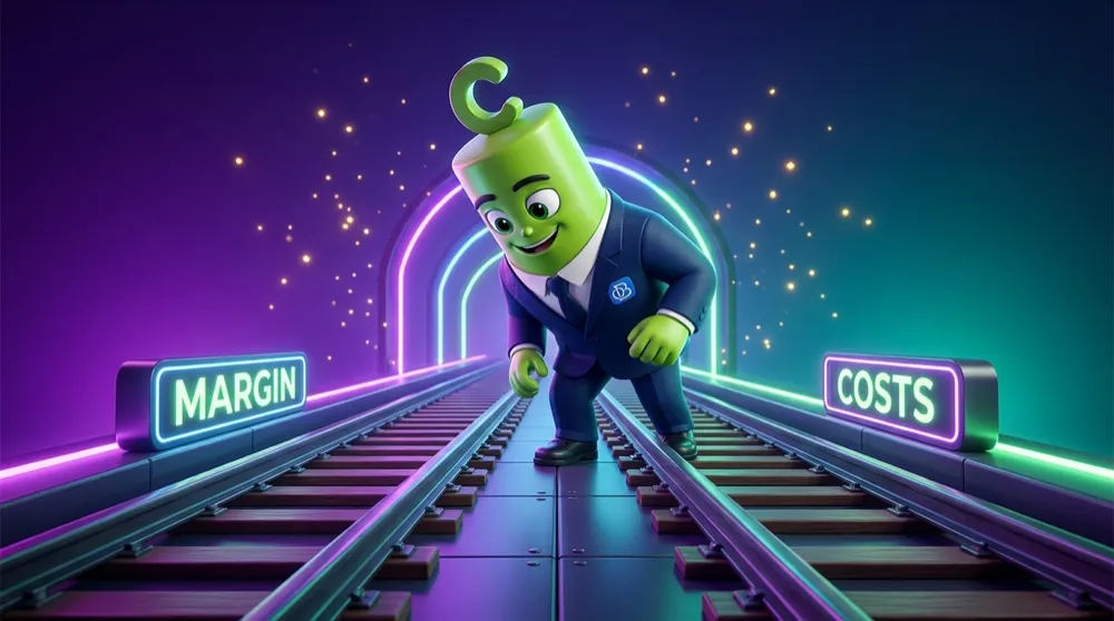 Green Call mascot inspecting two separate sets of train rails labeled Margin and Costs, one for spot forex and one for futures