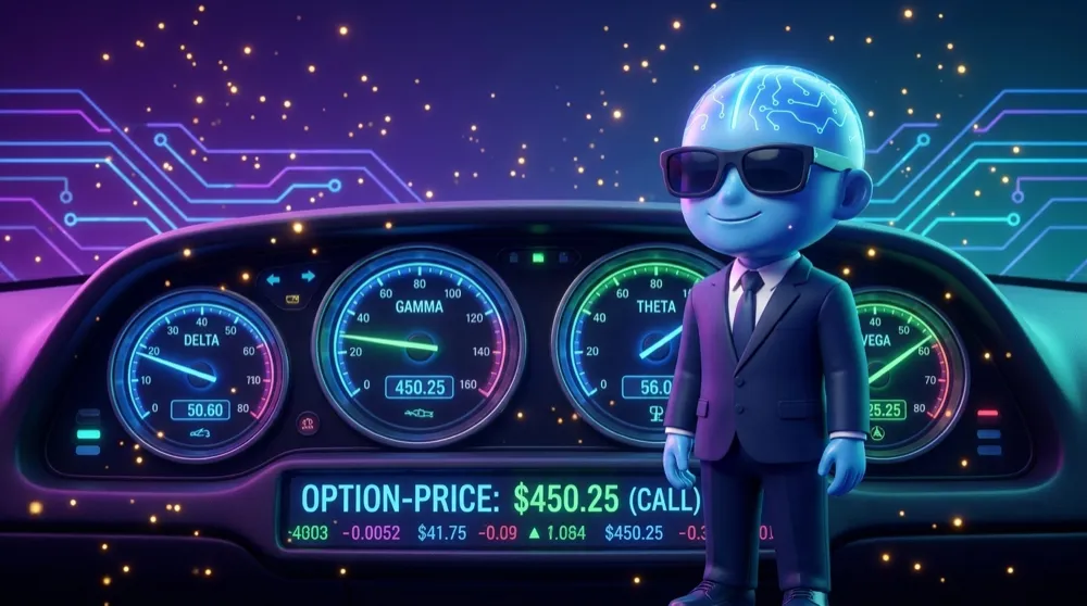 The blue circuit-skull AI Mentor in a navy suit standing before a glowing car dashboard where four labelled gauges — Delta, Gamma, Theta, Vega — light up over an option-price readout