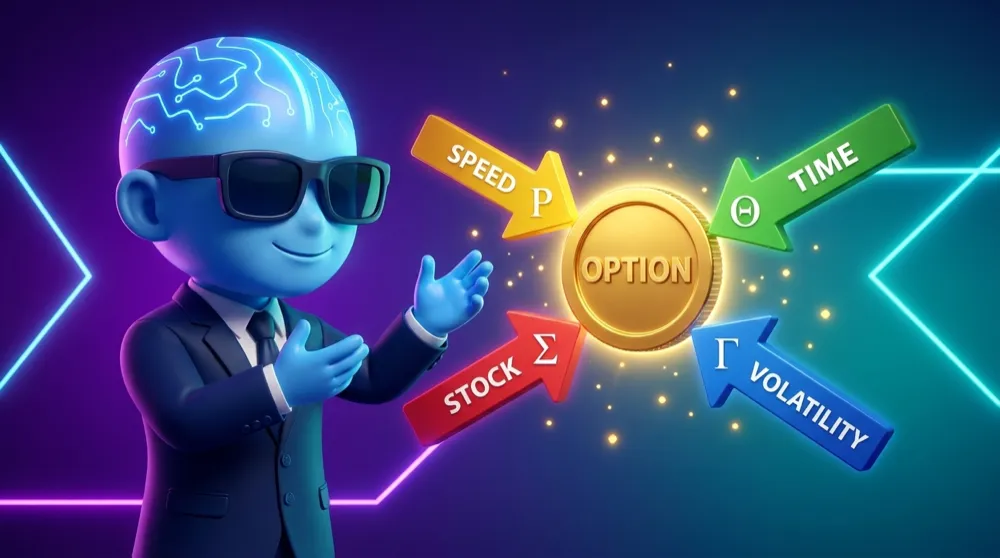 Four separate arrows pushing on a single glowing option coin — one labelled Stock, one Speed, one Time, one Volatility — each colour-coded to a Greek symbol
