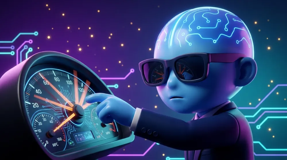 Close-up of the four dashboard needles all mid-swing at once, motion-blurred, as the AI Mentor taps a gauge to refresh its reading
