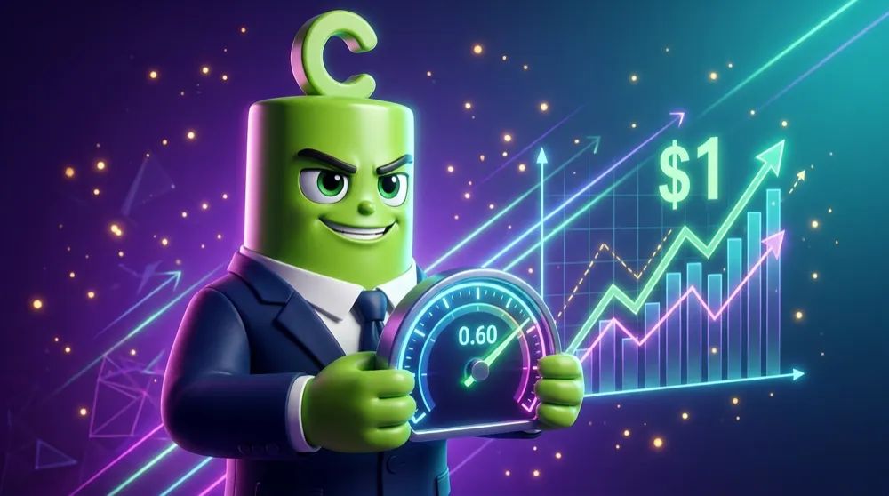 The green C-head Call mascot in a navy suit gripping a glowing speedometer whose needle reads 0.60, with a stock chart ticking up $1 beside it