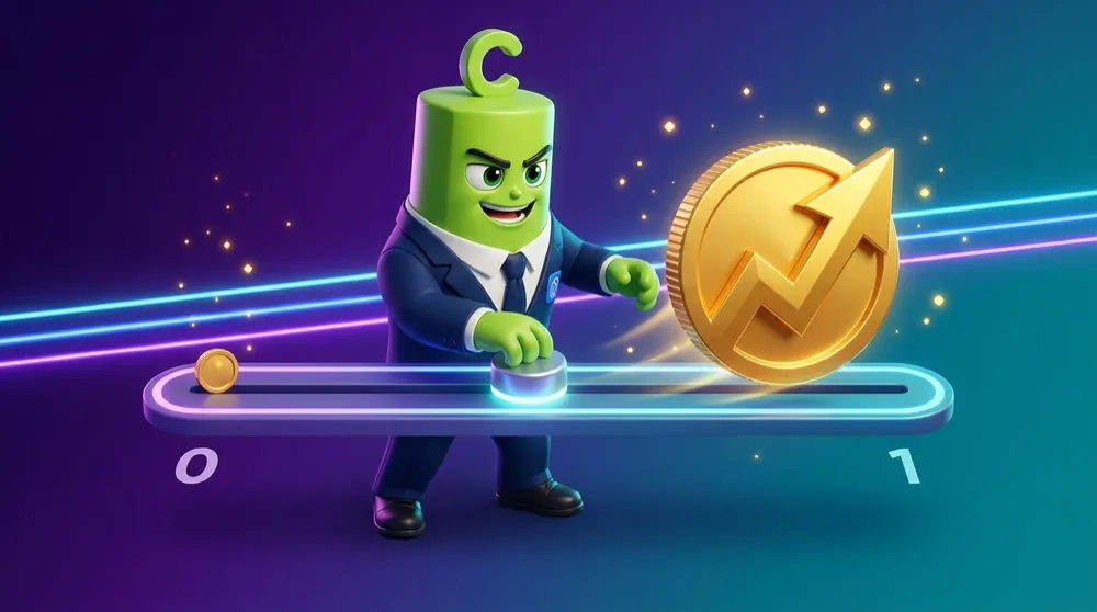 A horizontal slider from 0 to 1 with the Call mascot sliding a marker; near 0 the option coin is tiny and still, near 1 it moves in lockstep with a stock arrow