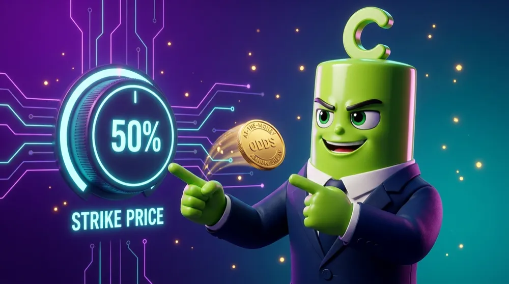 The Call mascot pointing at a dial that reads 50% at the strike price, morphing into a coin mid-flip to show at-the-money odds