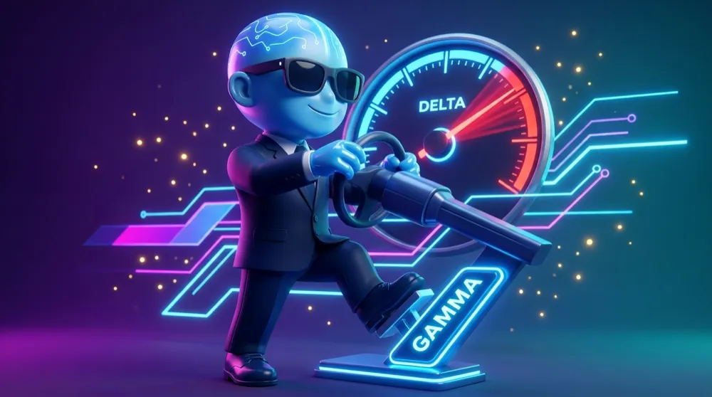 The blue circuit-skull AI Mentor in a navy suit flooring a glowing gas pedal labelled Gamma while a speedometer needle labelled Delta whips upward behind it