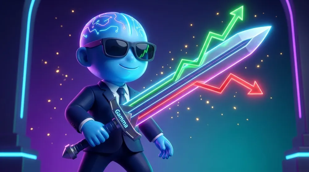 The AI Mentor holding a glowing double-edged blade labelled Gamma, one edge showing a soaring green gain, the other a steep red loss