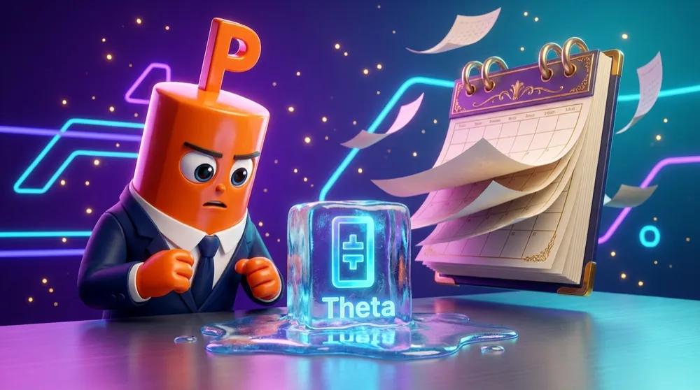 The orange P-head Put mascot in a navy suit watching a glowing option-shaped ice cube slowly melt into a puddle labelled Theta, a calendar shedding pages behind it