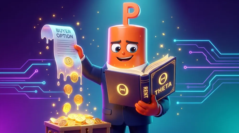 The Put mascot dressed as a landlord collecting glowing coins that drip from a buyer’s melting option, a rent ledger marked Theta between them