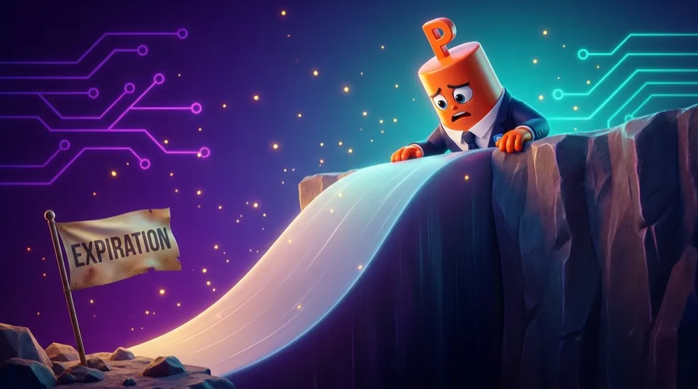 The Put mascot peering over the edge of a steep cliff where a smooth time-value slope suddenly drops away, an expiration flag planted at the bottom