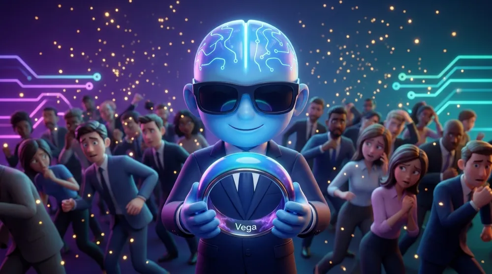The blue circuit-skull AI Mentor in a navy suit holding a glowing mood ring labelled Vega that shifts from calm blue to stormy purple as a nervous crowd swirls behind