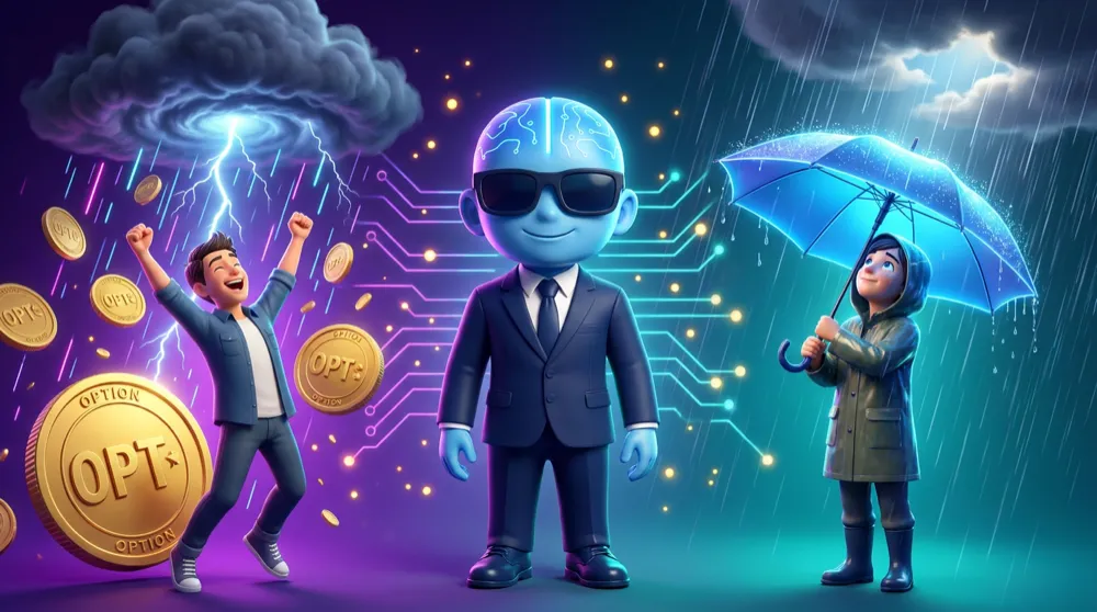 A split scene: on one side a buyer cheering as a storm brews and option coins swell, on the other a seller shielding under an umbrella hoping for clear skies