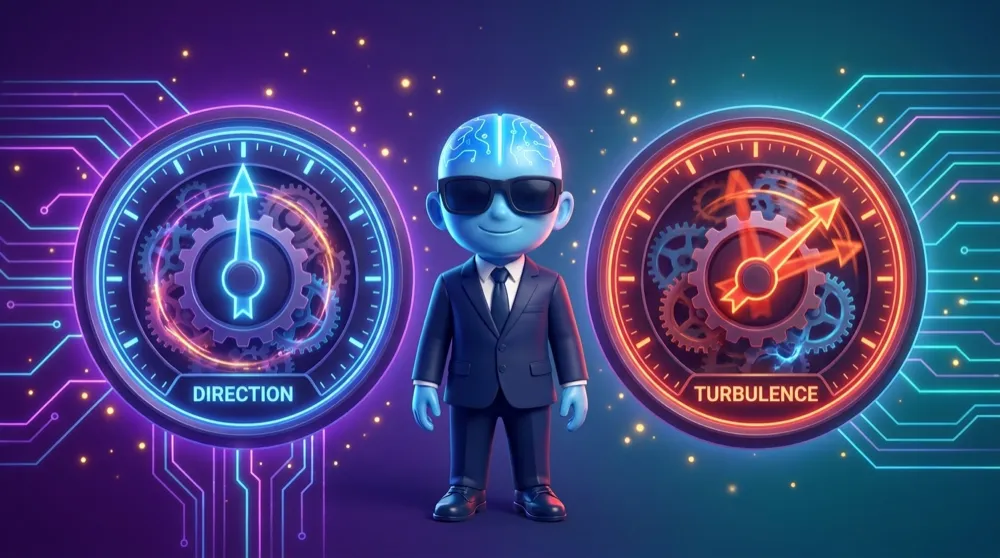 The AI Mentor standing between two glowing dials — one labelled Direction pointing up, one labelled Turbulence — showing they move independently