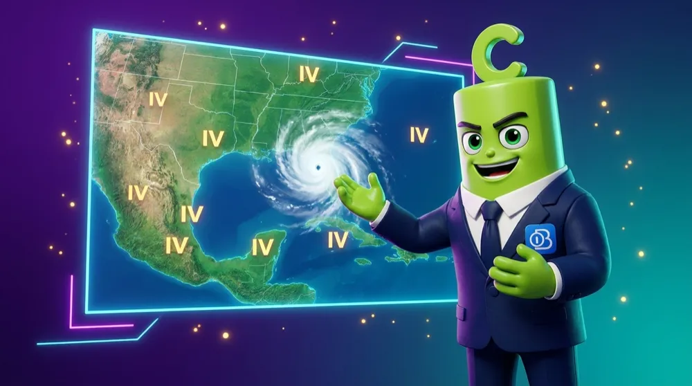 The green C-head Call mascot in a navy suit as a TV weather presenter, gesturing at a storm-forecast map where the percentage IV replaces the temperature