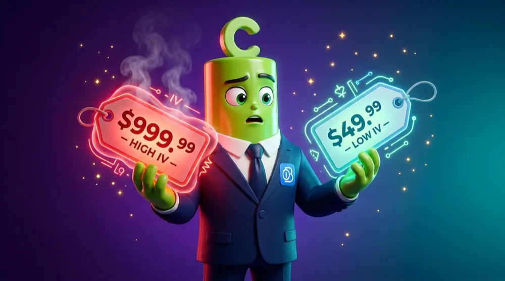 The Call mascot comparing two option price tags — a swollen expensive one glowing red under High IV and a slim cheap one under Low IV