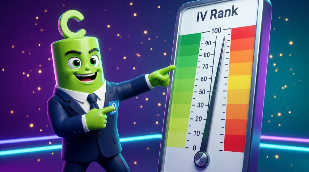 The Call mascot pointing at a vertical gauge from 0 to 100 with the needle pinned near 90 at the top, labelled IV Rank, a 52-week band shaded behind it