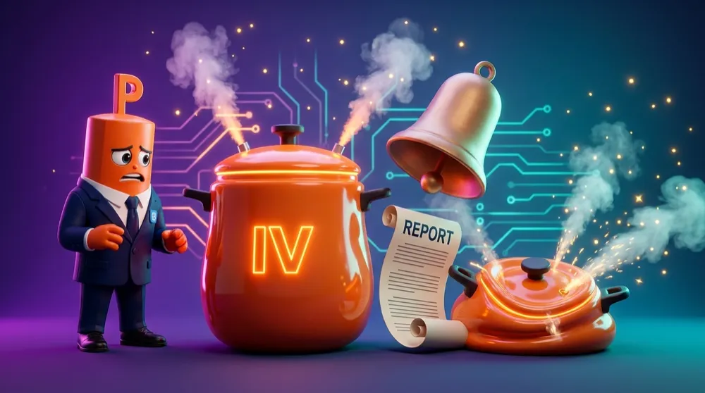 The orange P-head Put mascot in a navy suit watching a pressure cooker labelled IV swell before an earnings bell, then hiss and deflate the instant the report drops