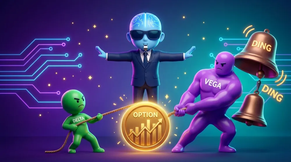 A tug-of-war over a glowing option coin: a small green figure labelled Delta pulling up, a much larger purple figure labelled Vega dragging it down after an earnings bell