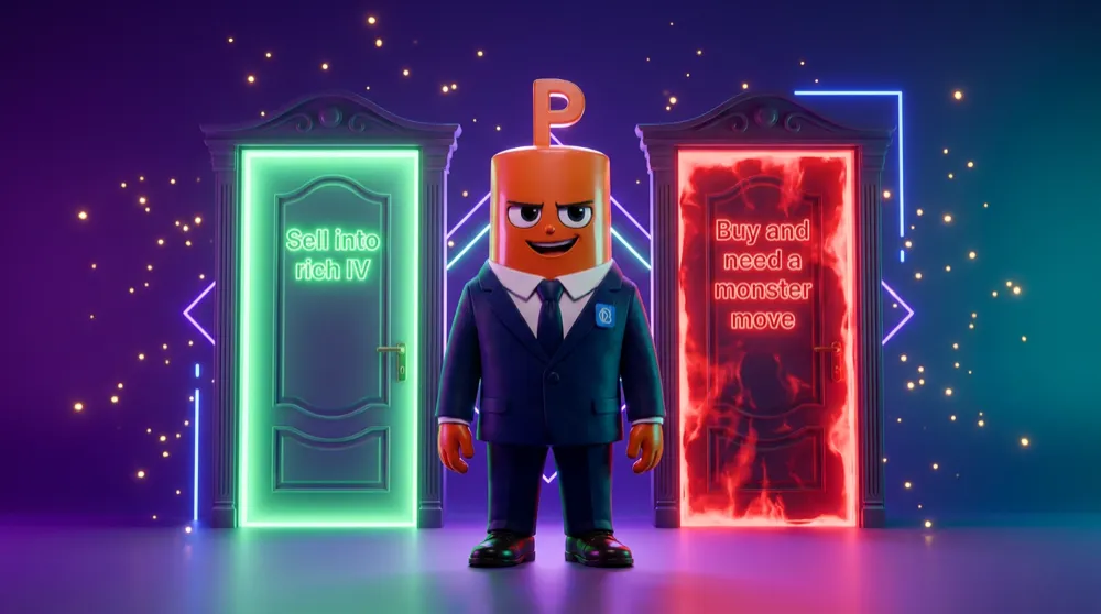 The Put mascot standing between two doors — one labelled Sell into rich IV glowing calm green, one labelled Buy and need a monster move glowing risky red