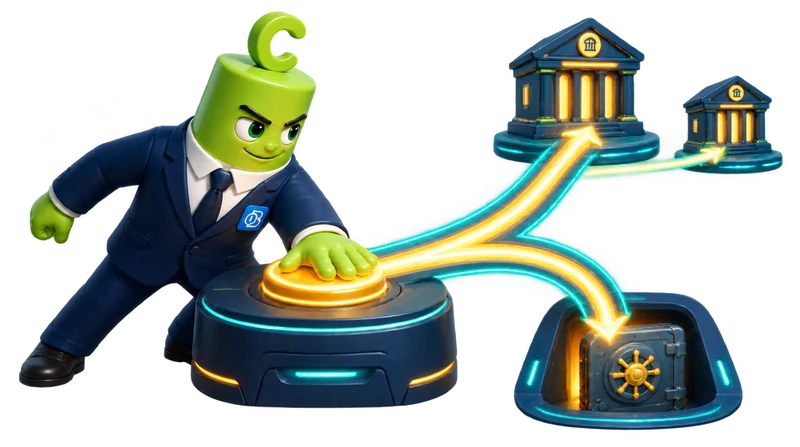 A trader mascot pressing a glowing Buy button; the order splits into two lit paths — one leaving the building toward distant banks, one dropping into the broker's own vault