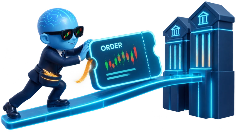 An order leaving a broker's dealing room along a bright bridge toward a row of tall bank towers, the broker keeping a small glowing slice as it passes
