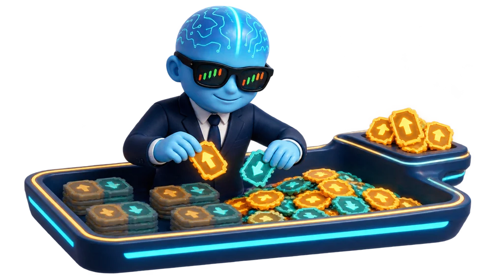A giant balance scale where one pan holds many small client orders in opposite directions cancelling out, and only a small leftover imbalance tips the beam