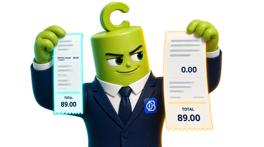 Two receipts side by side: one showing a visible commission line, the other showing zero commission but a wider price, with the totals coming out the same