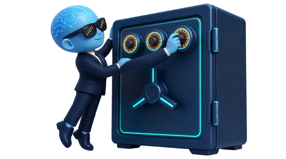 A safe with three labelled locks — segregated funds, negative balance protection, compensation scheme — standing between a trader and a collapsing building
