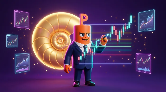 The orange Put mascot drawing glowing horizontal retracement levels across a pulling-back candlestick chart, a golden spiral shell behind him