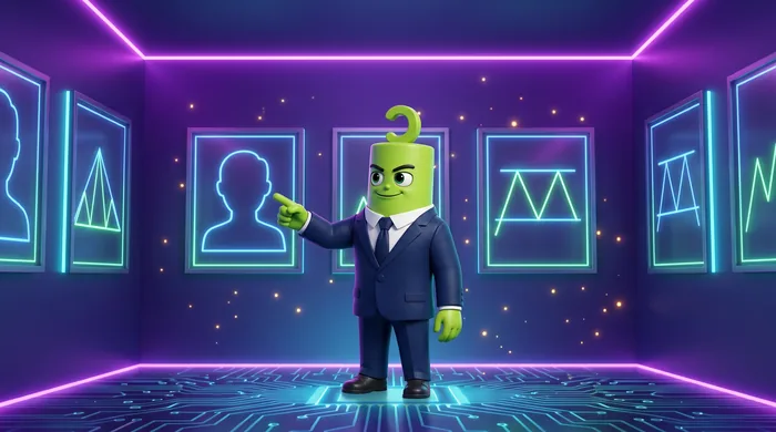 The green Call mascot in front of a gallery wall of glowing chart-pattern shapes — head and shoulders, a triangle, a double top