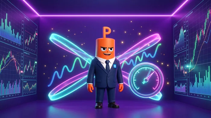 The orange Put mascot inside a glowing envelope of two curved bands hugging a price line, an oscillator dial with a swinging needle beside him
