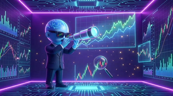 The AI Mentor mascot with a telescope aimed at a huge distant trend chart while a magnifying glass hovers over a tiny detailed candlestick chart