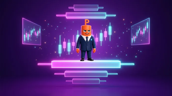 The orange Put mascot standing on one of several glowing horizontal levels stacked like floating platforms across a candlestick chart