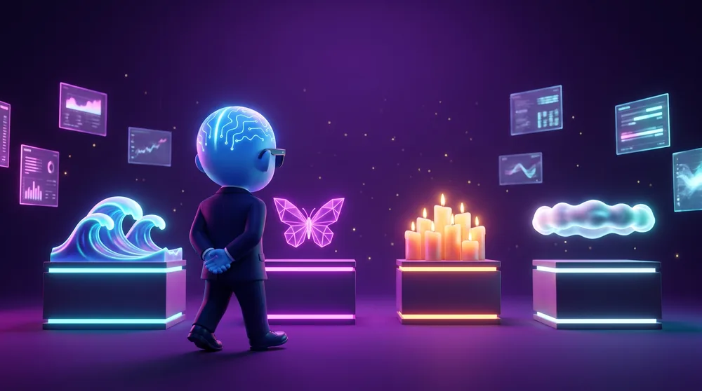 a gallery of glowing exhibits: waves, harmonics, smoothed candles and a cloud