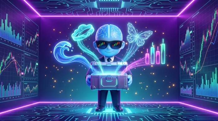 The AI Mentor mascot opening a floating toolbox from which exotic glowing instruments rise — a wave shape, a cloud band, a geometric butterfly, smoothed candles