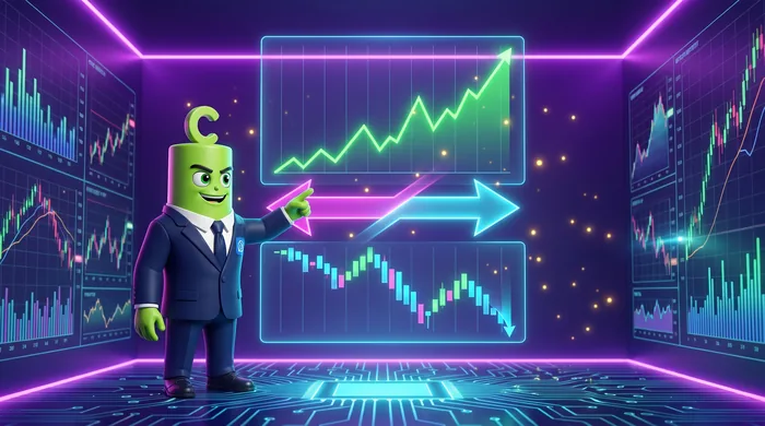 The green Call mascot pointing at a panel where the price line climbs while the momentum bars beneath fall, two long arrows crossing in opposite directions