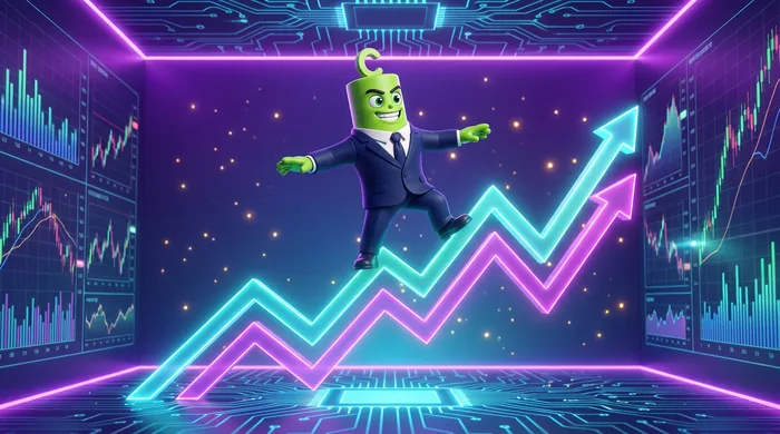 The green Call mascot surfing a glowing five-peak wave formation made of chart lines, arms out for balance