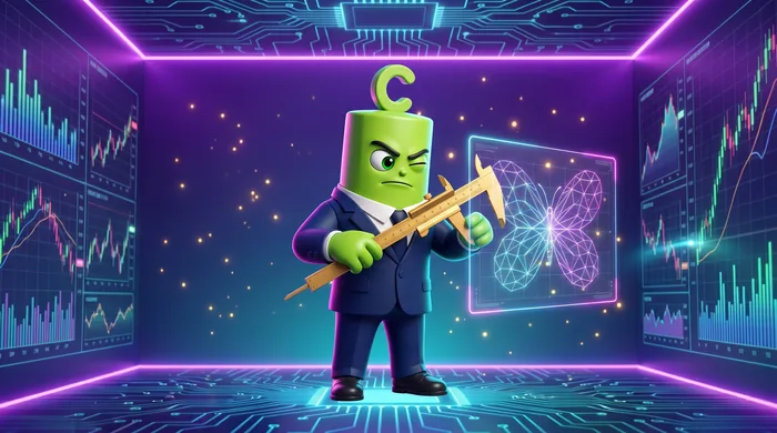 The green Call mascot measuring a large glowing butterfly-shaped pattern over a chart with golden calipers