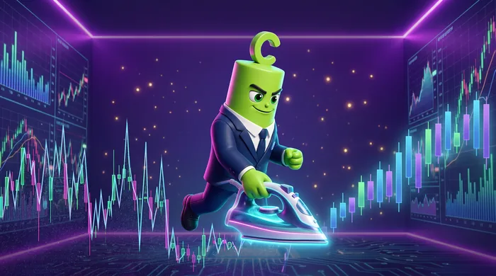 The green Call mascot running a glowing smoothing iron across a jagged candlestick chart, leaving clean even candles behind it