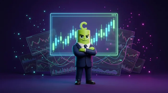 The green Call mascot standing arms crossed in front of a clean bare candlestick chart while switched-off indicator panels fall away behind him