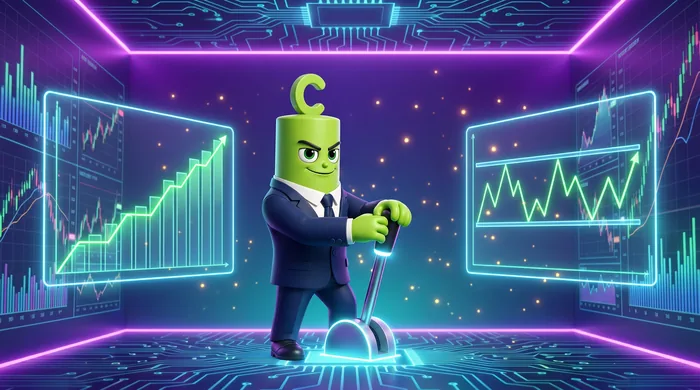 The green Call mascot at a glowing lever switch between two charts — a staircase-like trending chart and a flat sideways channel